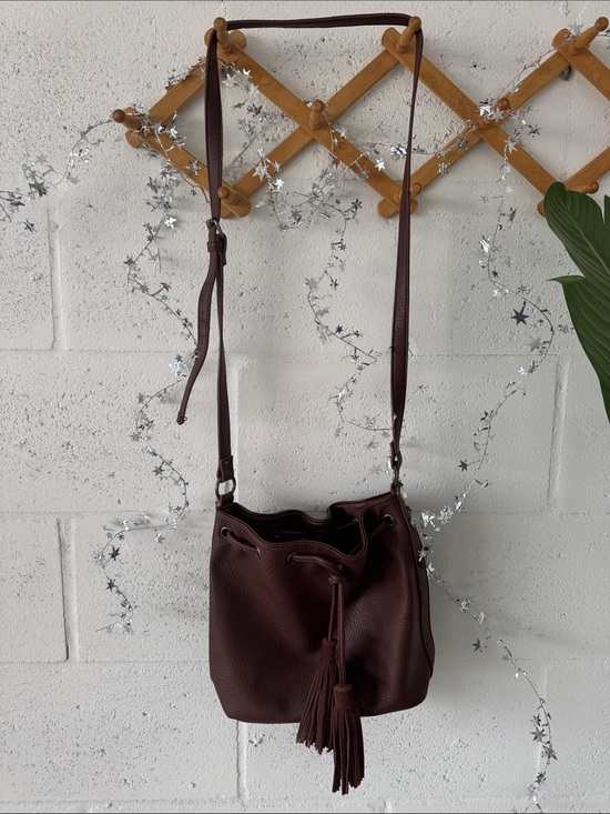 American Eagle Outfitters Handbags - Boho Leather Bucket Bag - Dark Brown Tassel Crossbody
